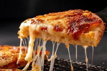 Pizza slice being pulled with melted cheese stretching