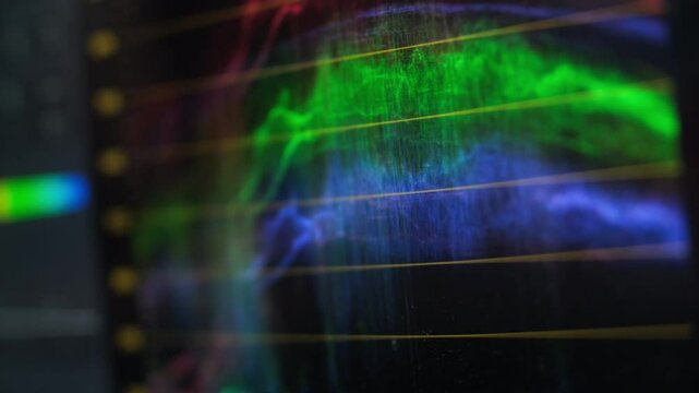 Video color correction: histogram. Analyzes streams in a grading software, interface. RGB colour graphic bar, monitor in post production process. Telecine stage in video, film production processing
