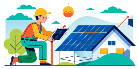Ingeniero de dibujos animados con paneles solares en el tejado instalando energía limpia. Personaje experto en energías renovables trabajando en un sistema de energía verde, instalando energía sosteni