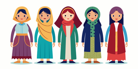 Stylish Arabic women in oriental clothing, modern fashion look. Cartoon illustrations of young Middle Eastern women in traditional hijab, abaya, kaftan, and trendy ethnic outfits.

