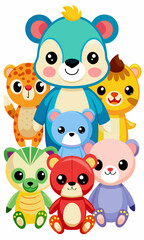Lindos animales de peluche en colores brillantes, suaves y tiernos animales de peluche estilo dibujos animados para niños.