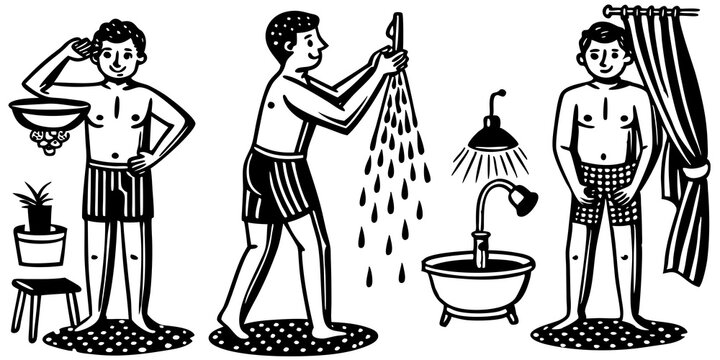 Joven tom&aacute;ndose una ducha, enfatizando la rutina de higiene corporal, cuidado personal y h&aacute;bitos de limpieza.