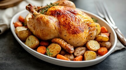 Roasted chicken with potatoes and carrots served on a white platter