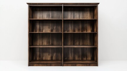 Empty wooden bookcase.  Six shelves, divided