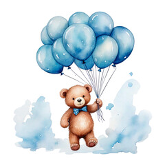 Adorable blue teddy bear with a bowtie, holding balloons, in a soft watercolor style,On a transparent background