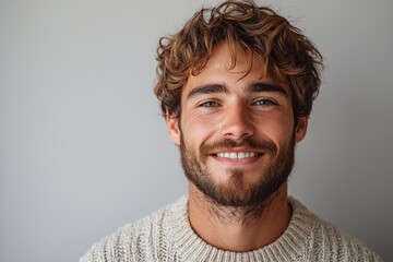 Fototapeta premium Smiling young man with tousled hair and beard wearing a cozy cream turtleneck sweater against neutral background Generative AI