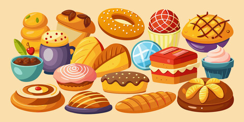 Cartoon bakery products collection with vibrant colors. Loaves of bread, pastries, bagels, and more in playful illustrations.

