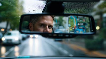 Man using navigation screen in rear view mirror for societal benefit