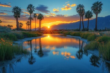 Obraz premium Serene sunset over tranquil oasis