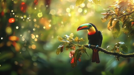 Vibrant Toucan Perched on Branch with Colorful Beak and Rainforest Background in Wildlife Photography