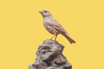 Fototapeta premium Light Beige Bird Perched on a Stacked Stone Sculpture.