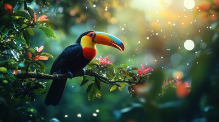 Vibrant Toucan Perched on Branch with Colorful Beak and Rainforest Background in Wildlife Photography
