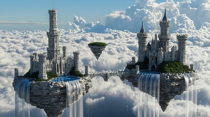 Fototapeta premium Majestic Fantasy Castle Floating Above Clouds and Waterfalls in a Dreamy Scene