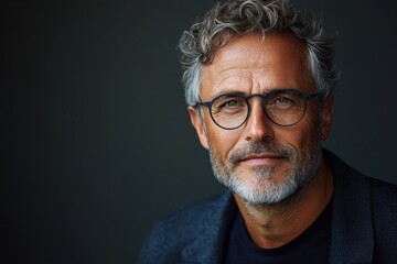 Obraz premium Relaxed mature man with salt and pepper beard wearing glasses and flannel shirt resting hand on face against dark background Generative AI