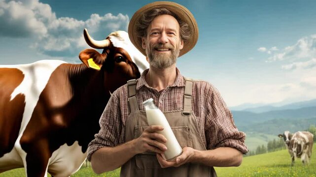 closeup cow breeder holding bootle milk with cattle farm background
