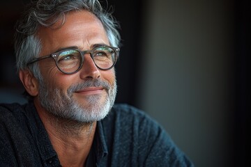 Obraz premium Relaxed mature man with salt and pepper beard wearing glasses and flannel shirt resting hand on face against dark background Generative AI