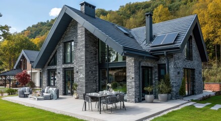 Obraz premium Modern house with solar panels on the roof, stone walls, and a large terrace in front of it, set against green grass near a small town