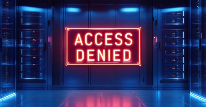 Neon access denied sign flickering in red on futuristic server room wall deep navy and bright silver symbolizing restricted data access