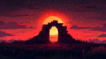 Fototapeta premium Glowing sunset behind a brick archway Stars are scattered across the dark sky Grass in the foreground Red and orange