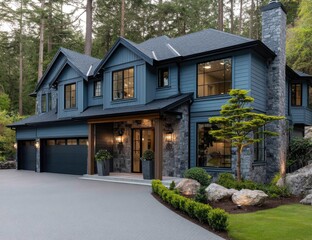 A modern home with large glass windows and doors, showcasing the exterior design of an L-shaped roof and concrete accents.