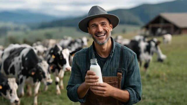 closeup cow breeder holding bootle milk with cattle farm background