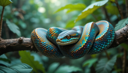 Fototapeta premium Colorful Snake Rests on a Tree Branch Surrounded by Lush Green Foliage in a Tropical Rainforest Setting During Daylight Generative AI
