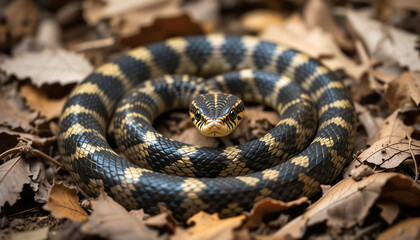Fototapeta premium Close Encounter With a Strikingly Patterned Snake Resting Among Autumn Leaves in a Forest Setting During Daylight Hours Generative AI