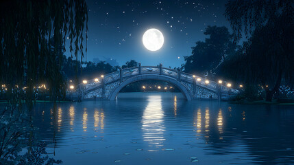 Moonlit serenity bridge  lights twinkling on water Calm scenery with trees  stars Peaceful escape beautiful nature