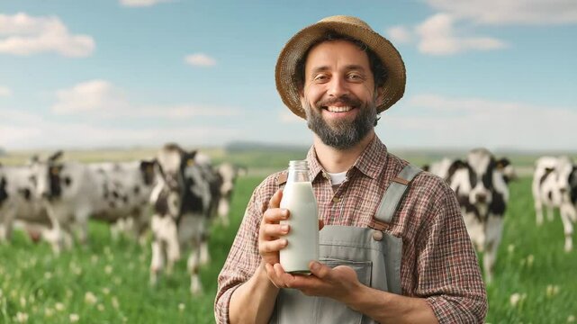 closeup cow breeder holding bootle milk with cattle farm background