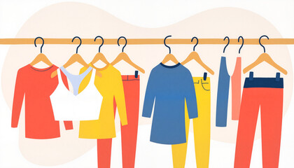 Colorful Clothing Hanging on Hangers Against a Light Background  