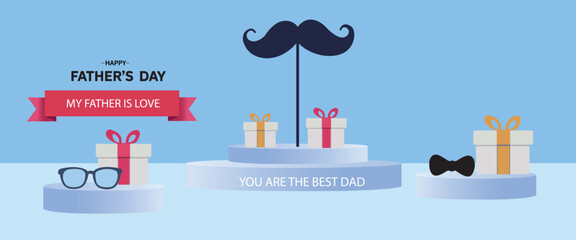 Naklejka premium Father's Day Gift Celebration Illustration,Creative Father's Day Gifts Display,Father's Day Mustache and Gifts,Happy Father's Day with Gifts.