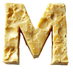Top view of a 3D letter M made of Parmesan cheese isolated on a white transparent background.