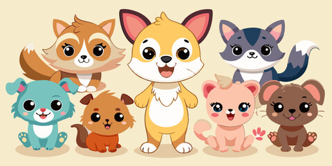 Fototapeta premium Adorables animales bebés, incluidos cachorros y gatitos, ilustrados en un estilo de dibujos animados divertido y juguetón, perfectos para productos infantiles o decoración de guarderías.