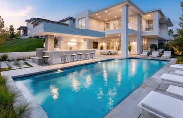 Fototapeta premium a modern luxury home with a large pool and backyard in a flat area, with slight lighting from the windows, taken at night.