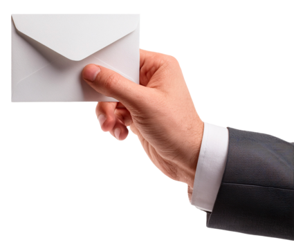 businessman hand giving small white letter isolated on white background