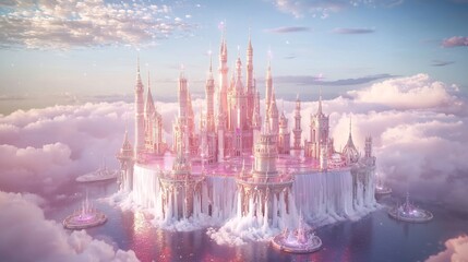 Obraz premium A Majestic Pink Castle Floating Amongst the Clouds, a Dreamscape of Fantasy