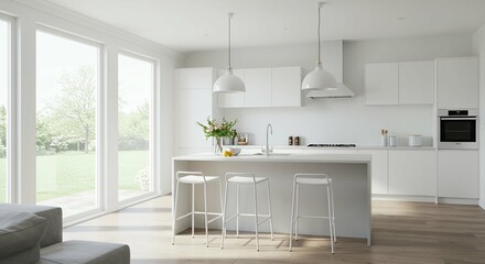 Fototapeta premium Modern White Kitchen Interior with Island and Bar Stools