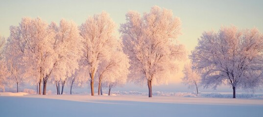 Snow covered trees at sunrise creating a winter wonderland