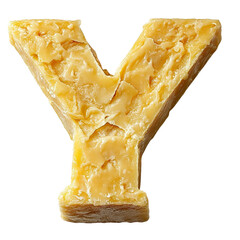 Top view of a 3D letter Y made of Parmesan cheese isolated on a white transparent background.