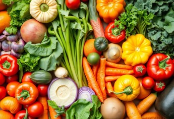 Vibrant colorful array of fresh vegetables, fruits & superfoods, nutritious,  whole foods