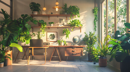 Fototapeta premium Cozy, sunlit home office filled with lush indoor plants, wooden desk, globe, and art prints. Warm natural light pours through a large window, creating a serene, biophilic workspace.
