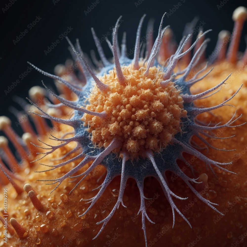 Poster intricate details of a biological cell, showcasing its complex structure and vibrant coloration. The image highlights the beauty and complexity of life at a microscopic level
