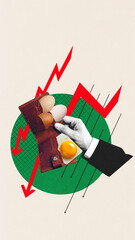 Eggs and cracked yolk spill from wallet as red arrows fall, symbolizing devaluation of savings,...