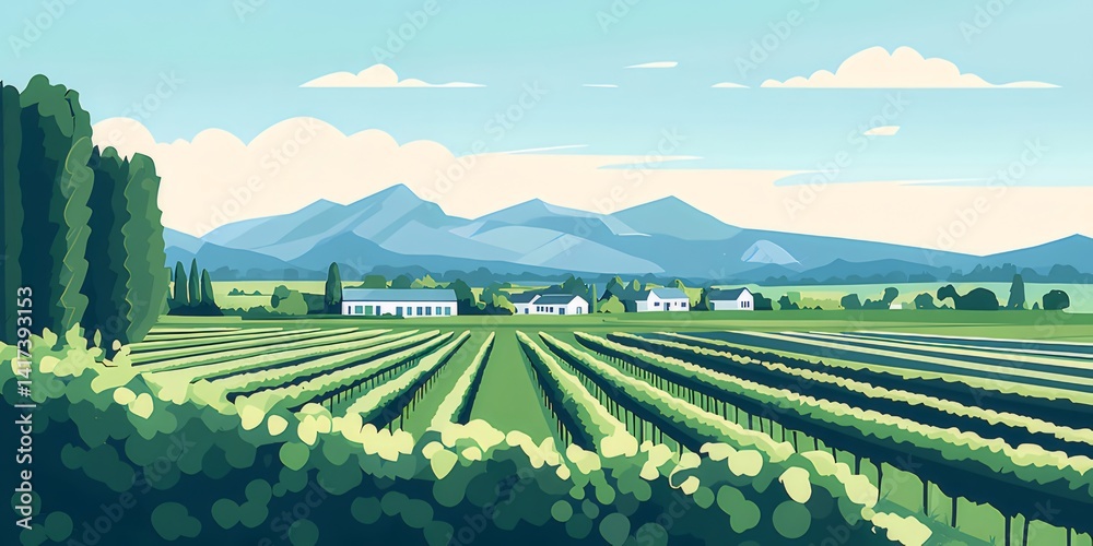 Poster 緑豊かなブドウ園の風景 広々とした青空の下 太陽光が降り注ぐ 美しい山々と建物の背景