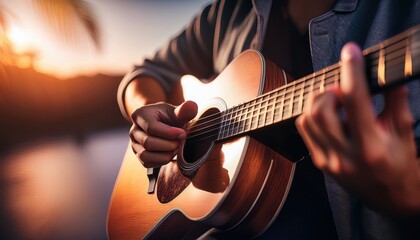 Fototapeta premium Sunset Acoustic Guitarist: A close-up shot of a person's hands delicately playing an acoustic guitar during a vibrant sunset.