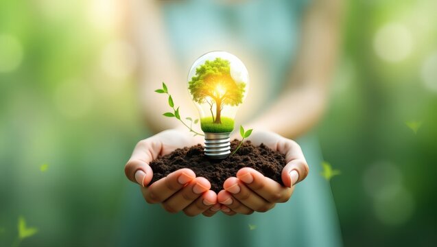 A tree-shaped lightbulb symbolizes environmental conservation and sustainable energy, held delicately in a person's hands. The composition highlights the connection between nature and sustainability