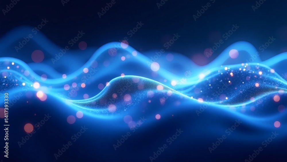 Poster abstract digital illustration of blue light waves with sparkling particles, creating an ethereal eff