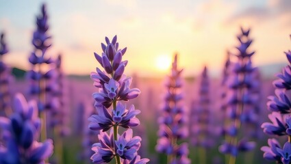Obraz premium a vibrant lavender field basks in the warm embrace of the sunset, creating a scene of tranquility
