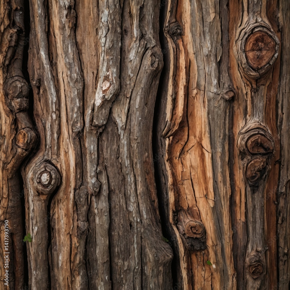Aufkleber a close-up shot of a textured tree bark featuring knots and rugged patterns. The image captures the intricate details of the tree's surface