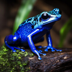 Obraz premium Striking blue poison dart frog with vivid orange details sitting on a dark rock. The close-up macro shot highlights its vibrant colors and smooth texture.